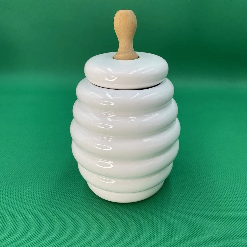 Porcelain Honey Pot Jar with Beech Wood Drizzler White Hive Design 5